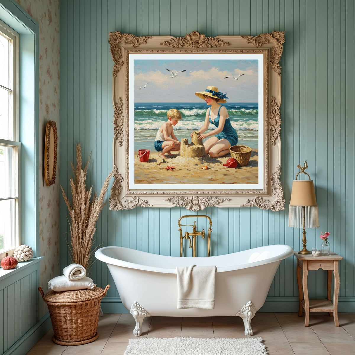 Vintage Beach Painting: Mother & Son Sandcastle Art (Digital Download)