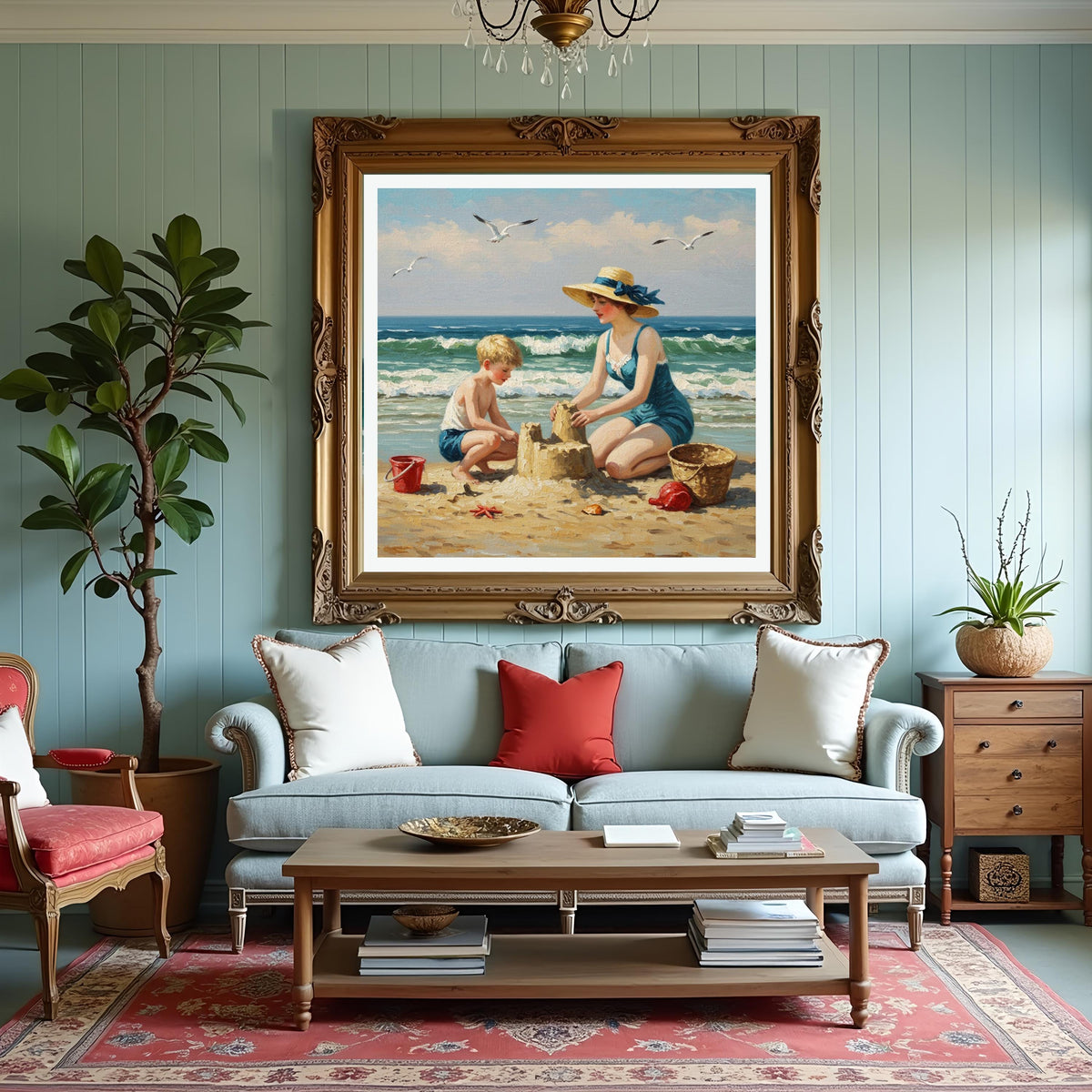 Vintage Beach Painting: Mother & Son Sandcastle Art (Digital Download)