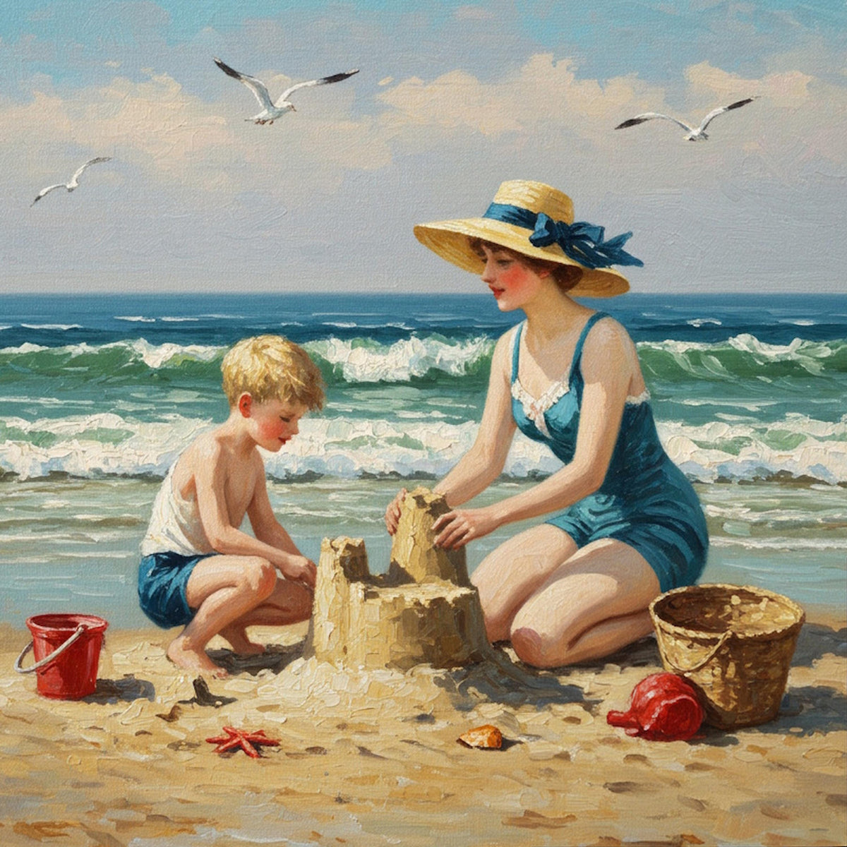 Vintage Beach Painting: Mother & Son Sandcastle Art (Digital Download)