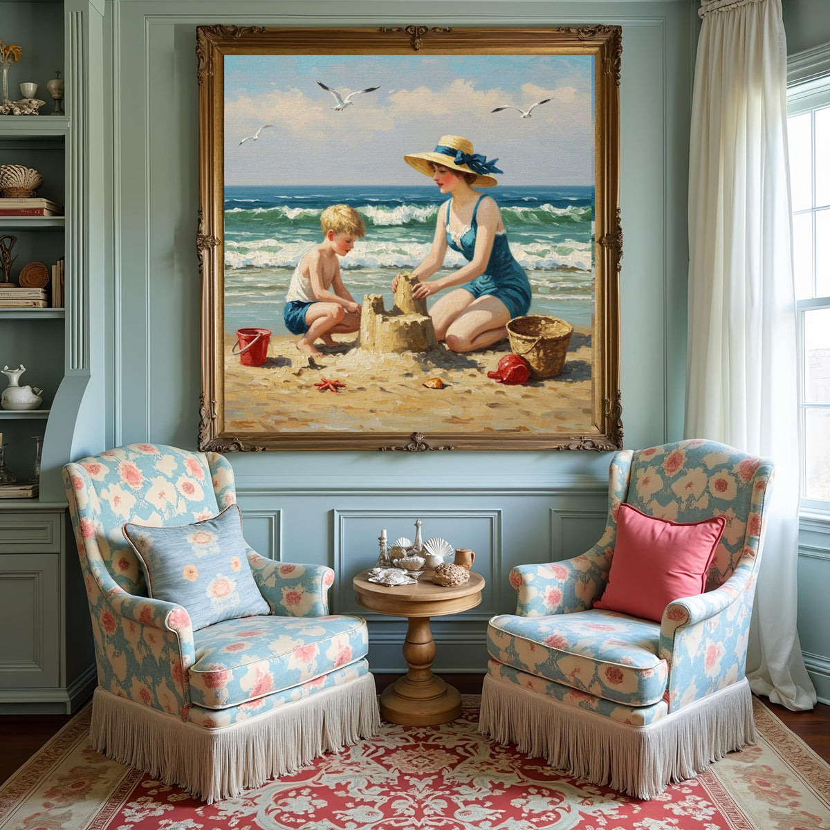 Vintage Beach Painting: Mother & Son Sandcastle Art (Digital Download)
