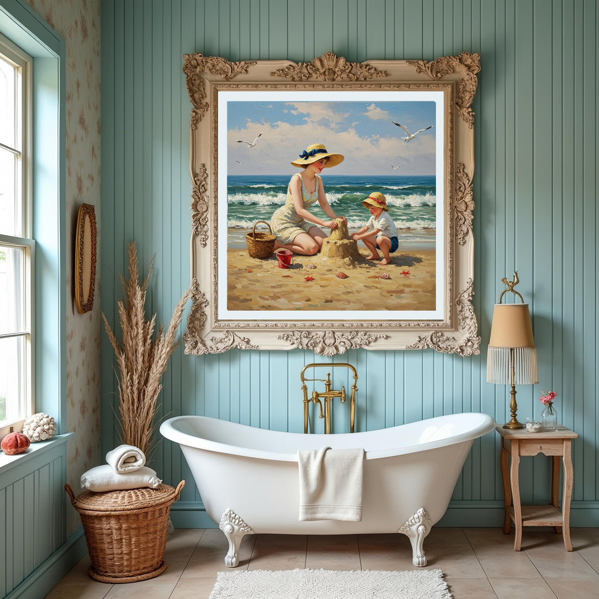 Vintage Seaside Sandcastle Print: Retro Mother & Son Painting (Digital Download)