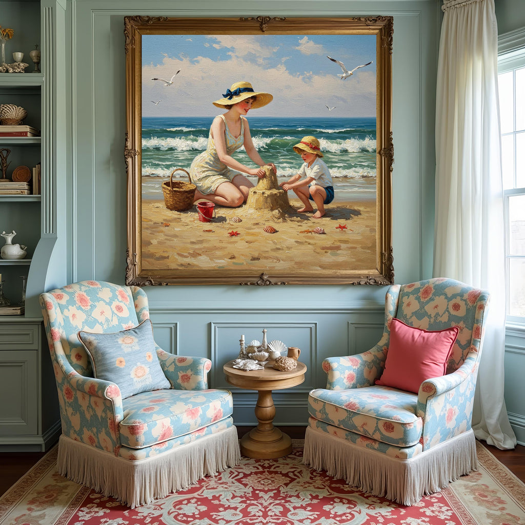 Vintage Seaside Sandcastle Print: Retro Mother & Son Painting (Digital Download)