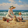 Vintage Seaside Sandcastle Print: Retro Mother & Son Painting (Digital Download)