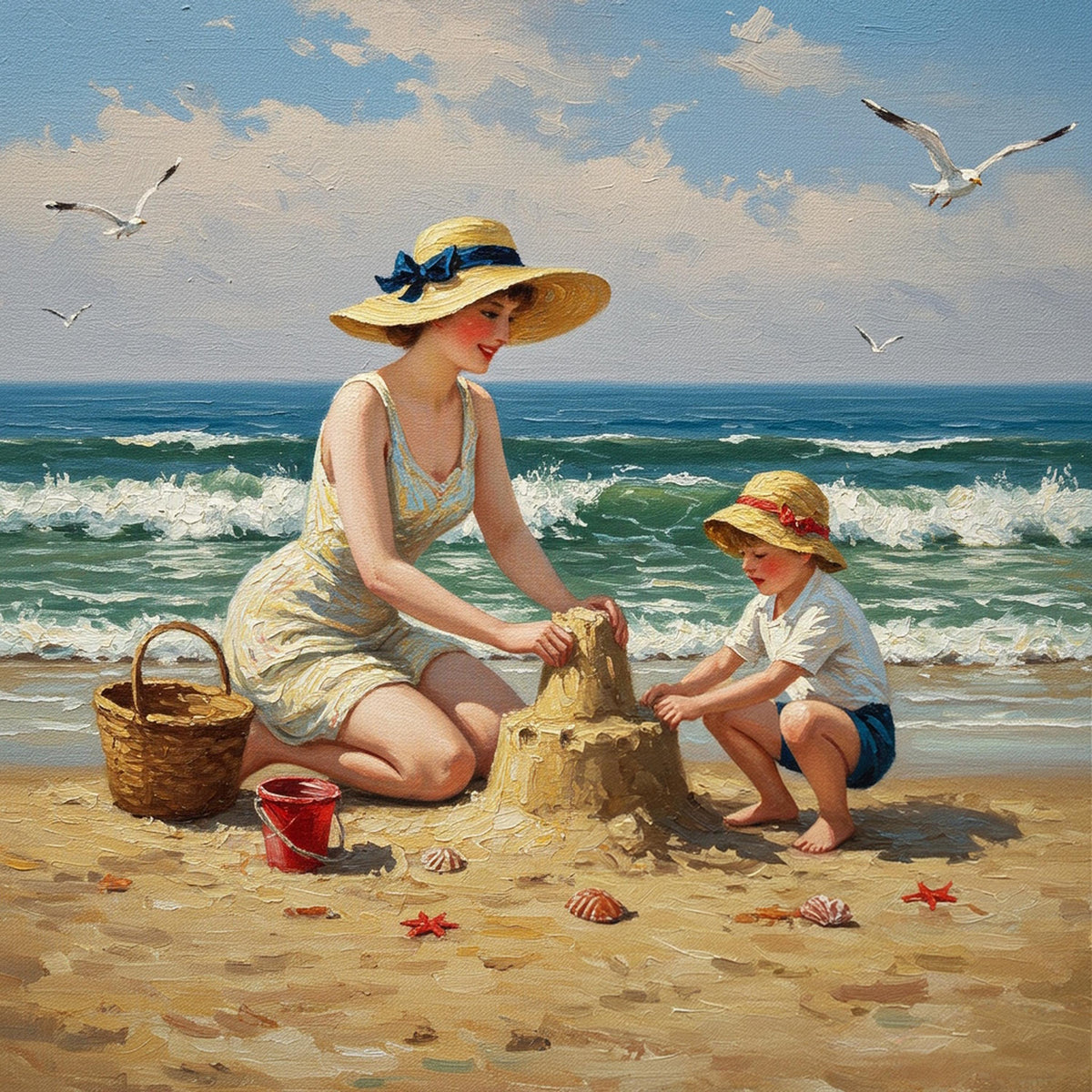 Vintage Seaside Sandcastle Print: Retro Mother & Son Painting (Digital Download)