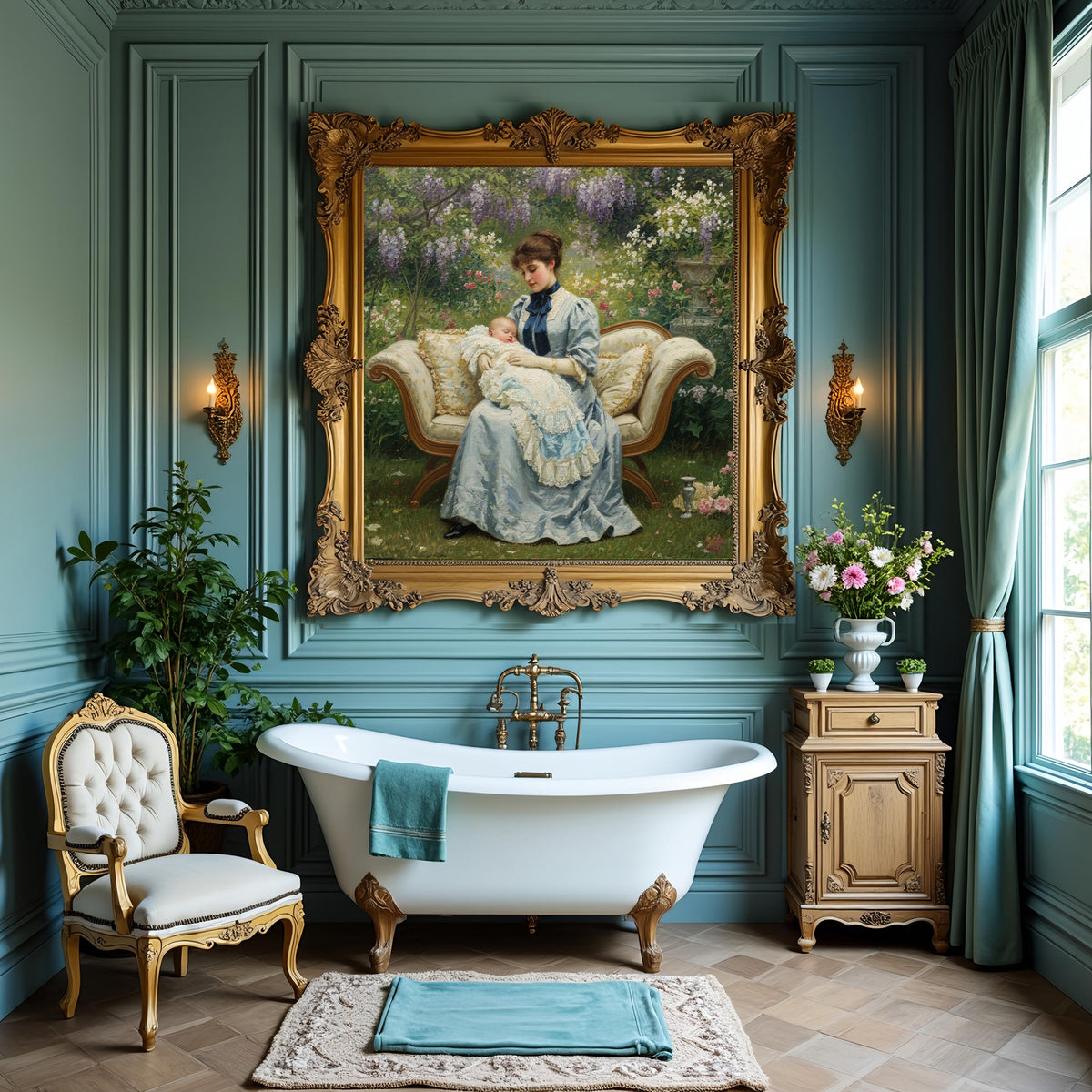 Victorian Mother and Baby Garden Painting: Vintage Floral Nursery Art (Digital Download)