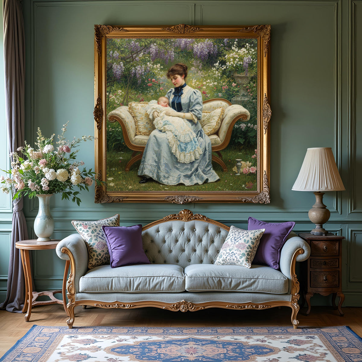 Victorian Mother and Baby Garden Painting: Vintage Floral Nursery Art (Digital Download)