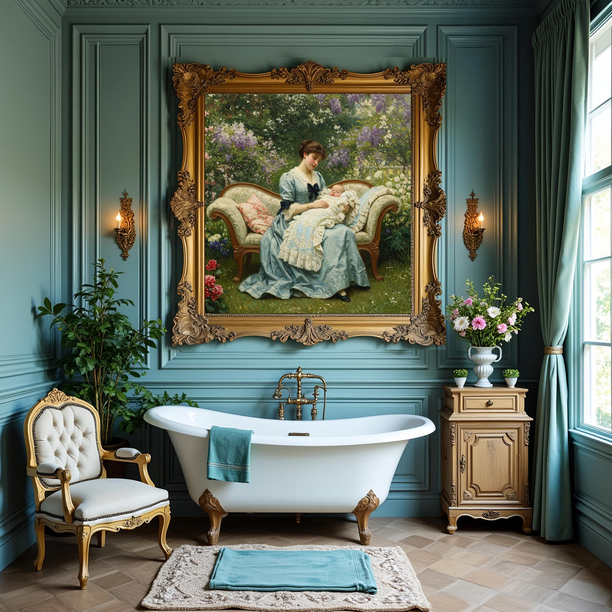 Vintage Mother and Baby Print: Victorian Garden Scene (Digital Download)