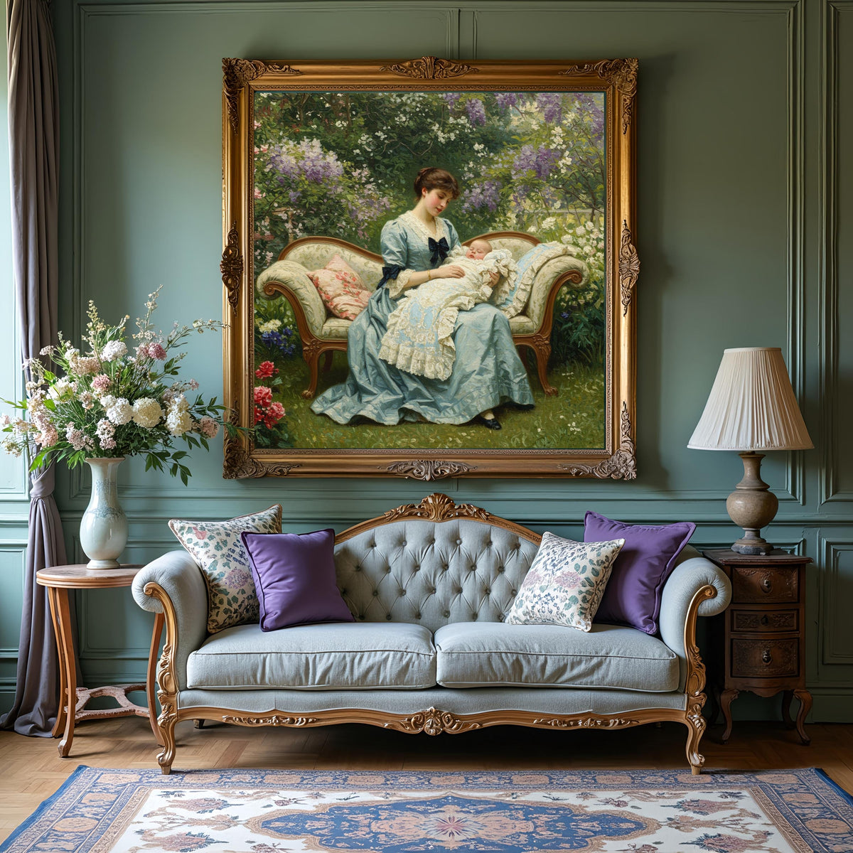 Vintage Mother and Baby Print: Victorian Garden Scene (Digital Download)