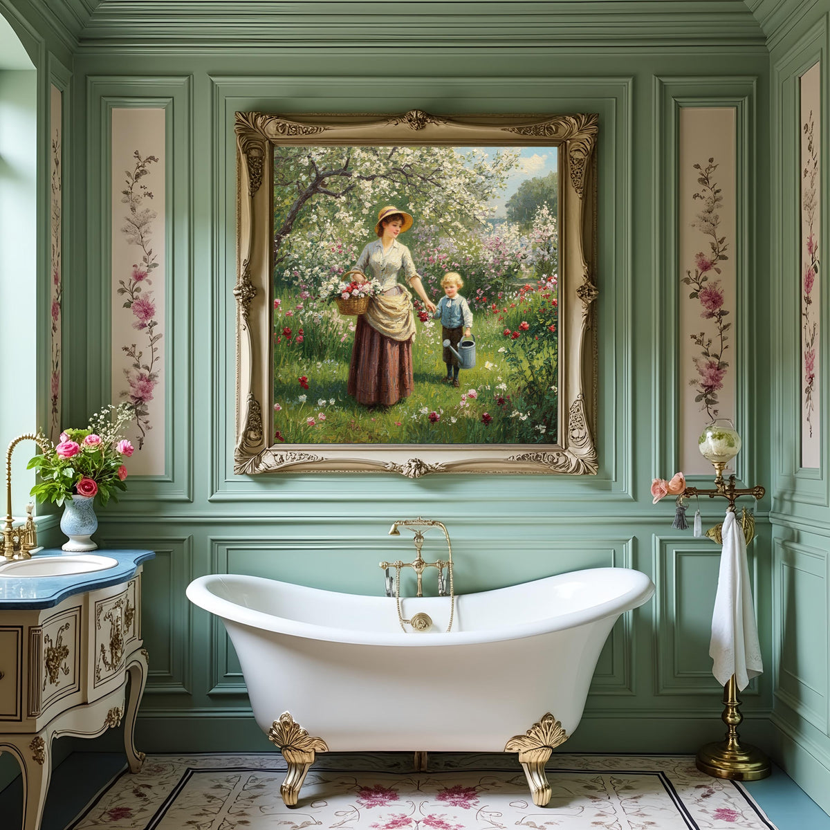 Victorian Mother and Son Spring Garden Art: Vintage Floral Scene (Digital Download)