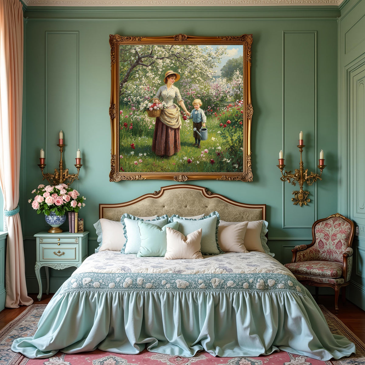 Victorian Mother and Son Spring Garden Art: Vintage Floral Scene (Digital Download)