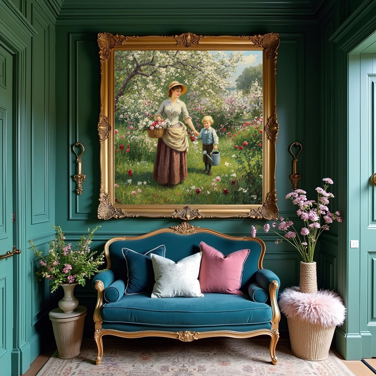 Victorian Mother and Son Spring Garden Art: Vintage Floral Scene (Digital Download)