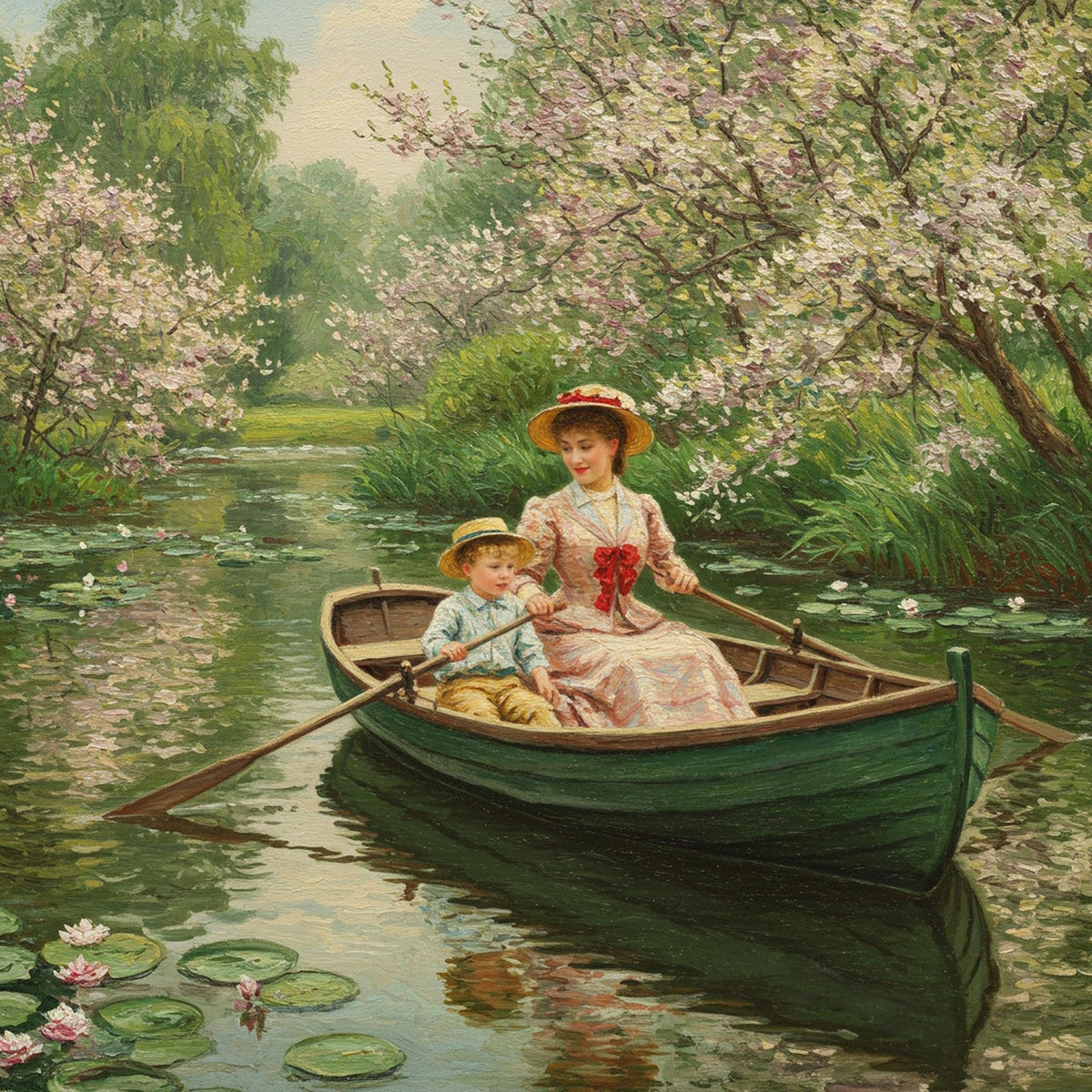 Victorian Mother and Son Boat Ride Art: Vintage Spring Scene (Digital Download)