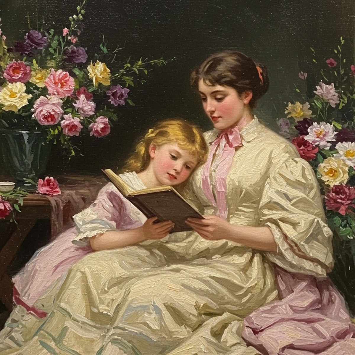 Vintage Mother and Daughter Reading Art Print: Victorian Floral Wall Decor (Digital Download)