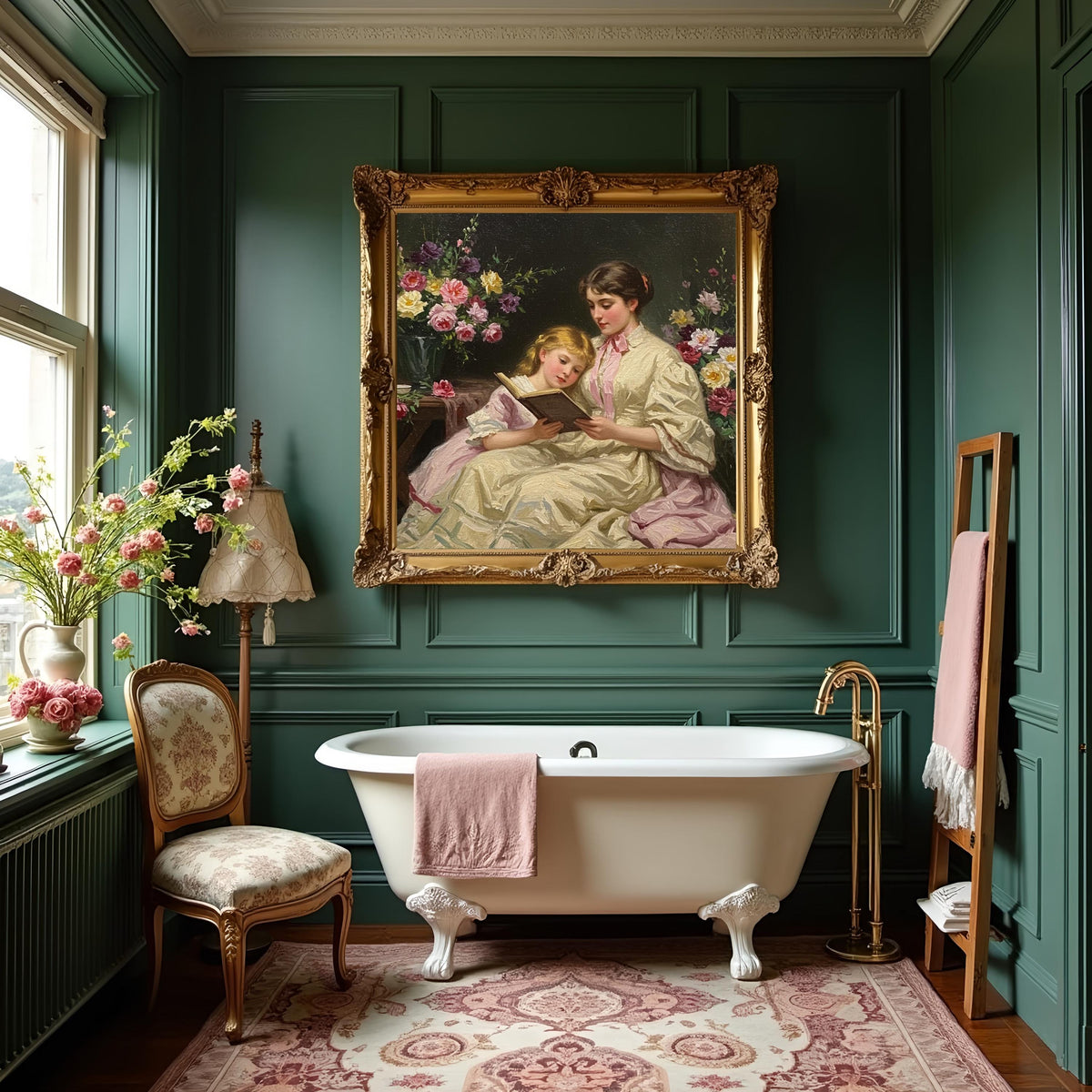 Vintage Mother and Daughter Reading Art Print: Victorian Floral Wall Decor (Digital Download)