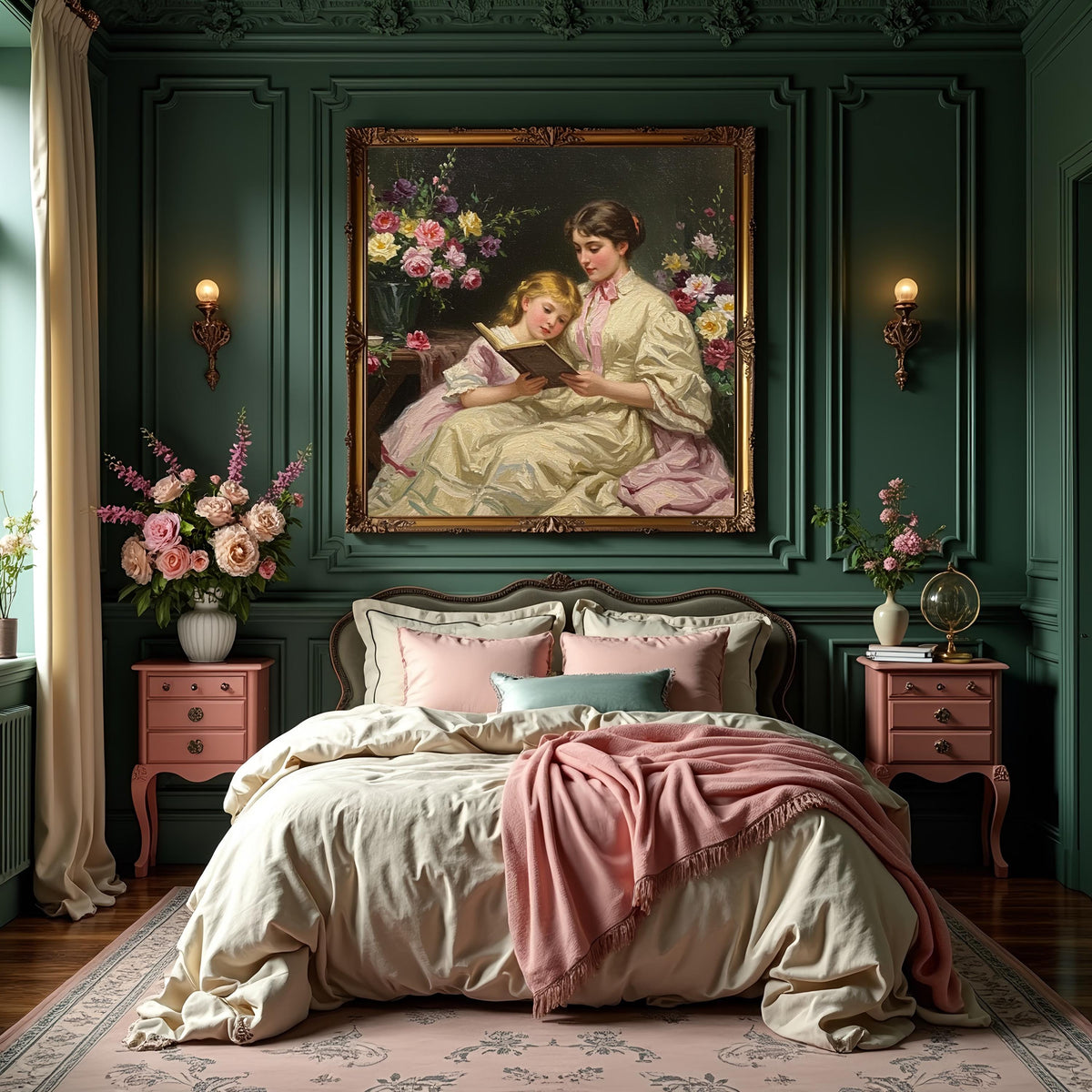 Vintage Mother and Daughter Reading Art Print: Victorian Floral Wall Decor (Digital Download)
