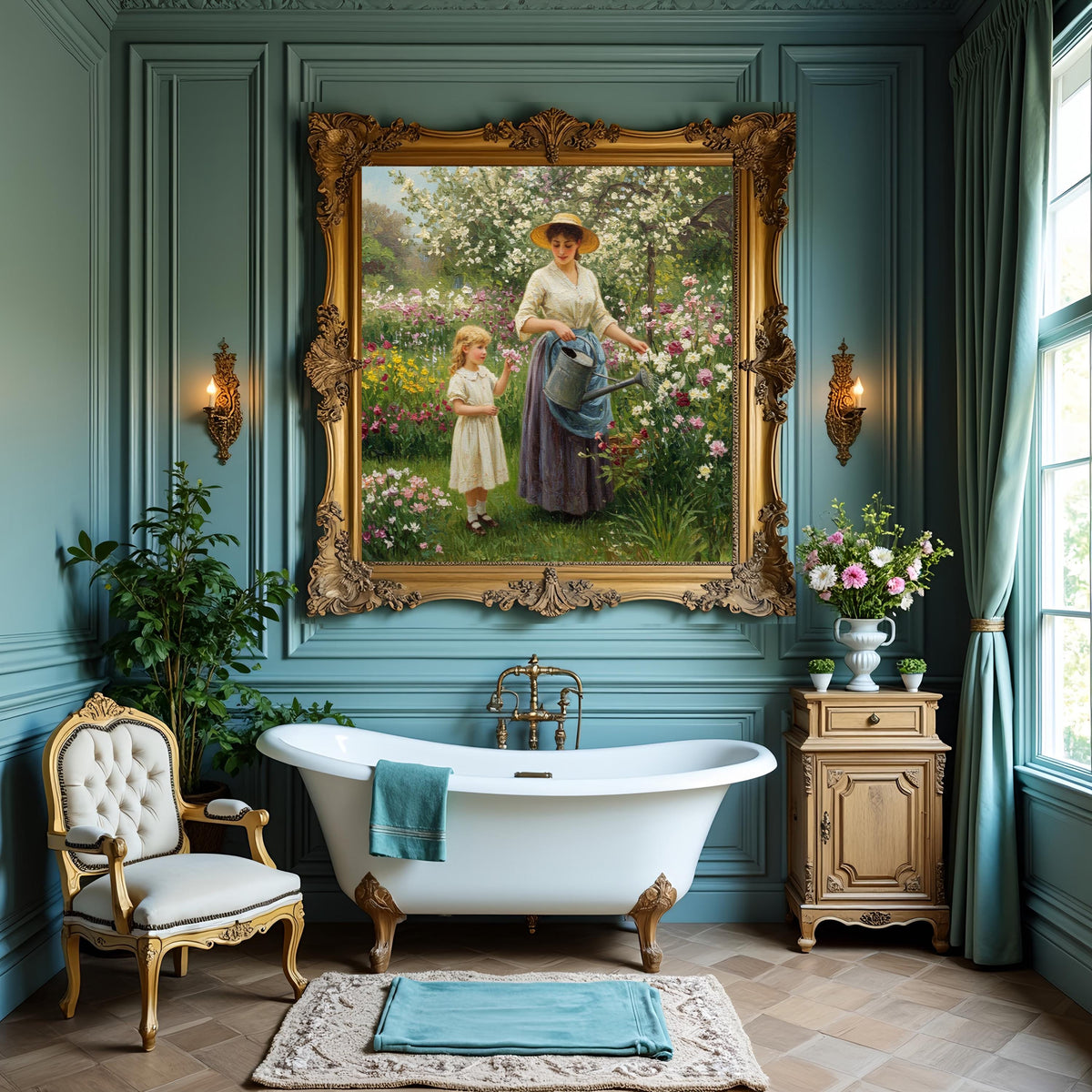 Victorian Mother & Daughter Gardening Art: Vintage Floral Print (Digital Download)