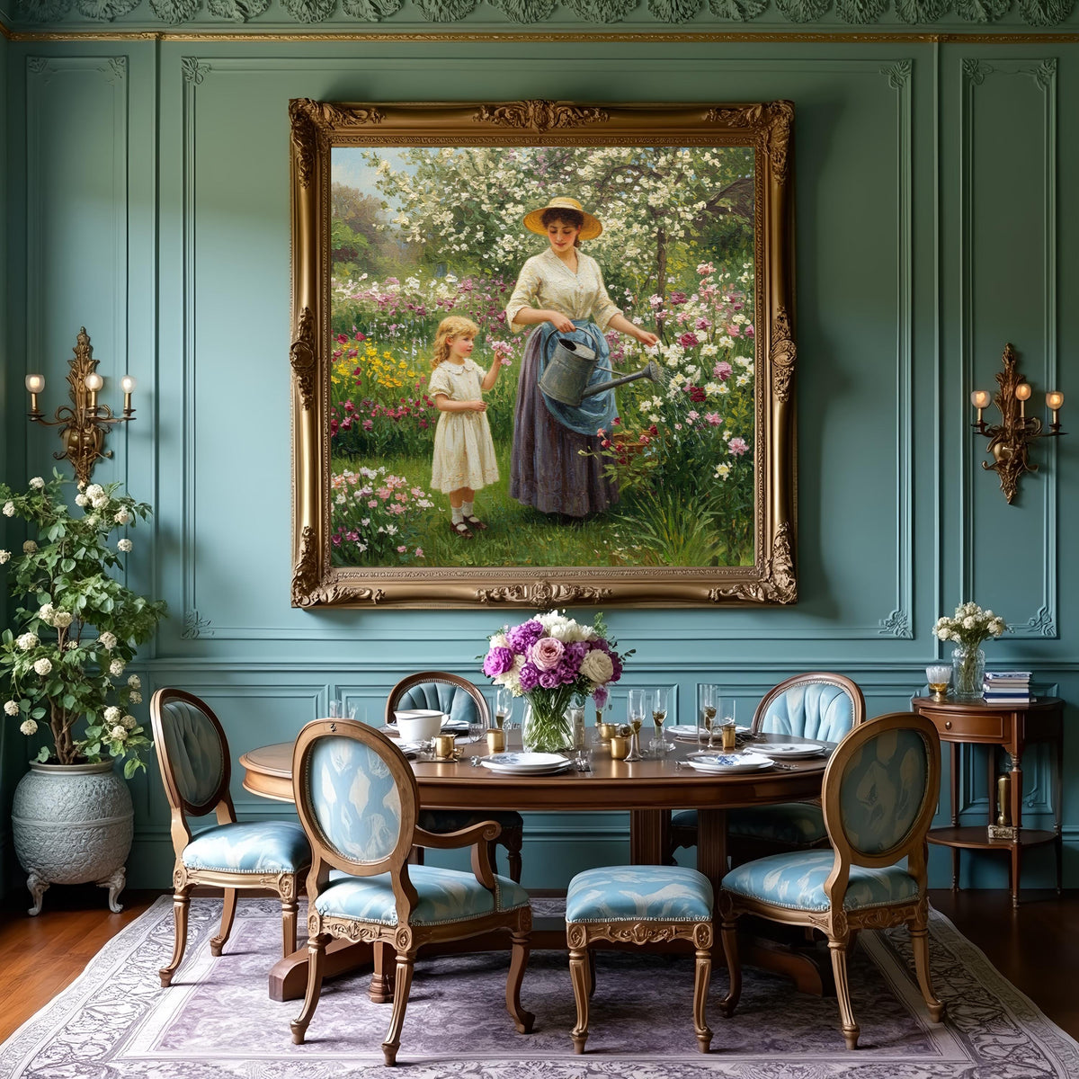 Victorian Mother & Daughter Gardening Art: Vintage Floral Print (Digital Download)