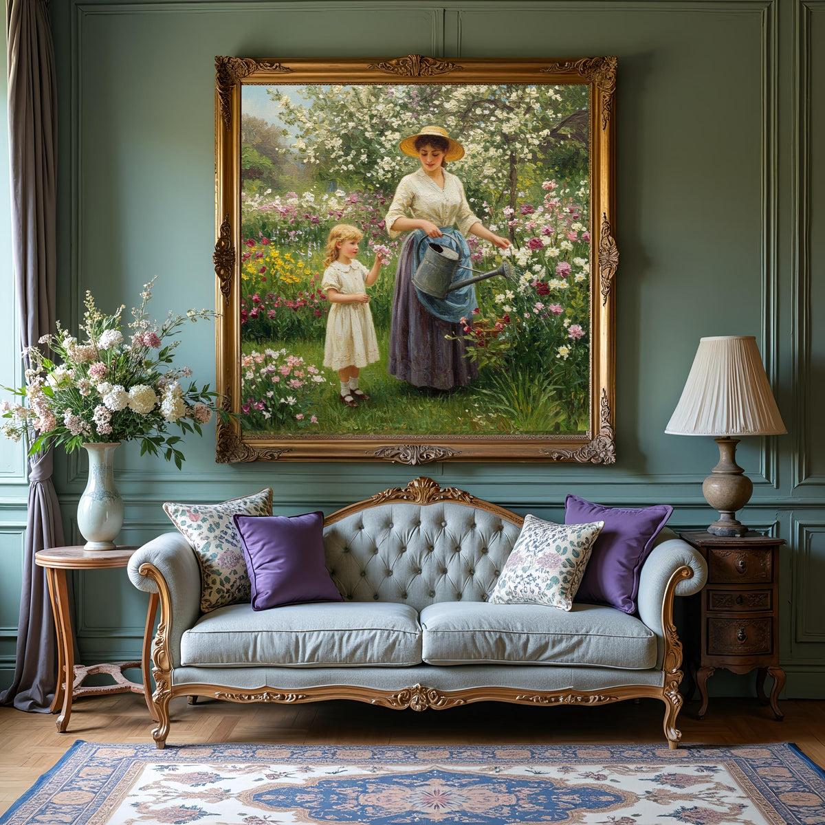 Victorian Mother & Daughter Gardening Art: Vintage Floral Print (Digital Download)