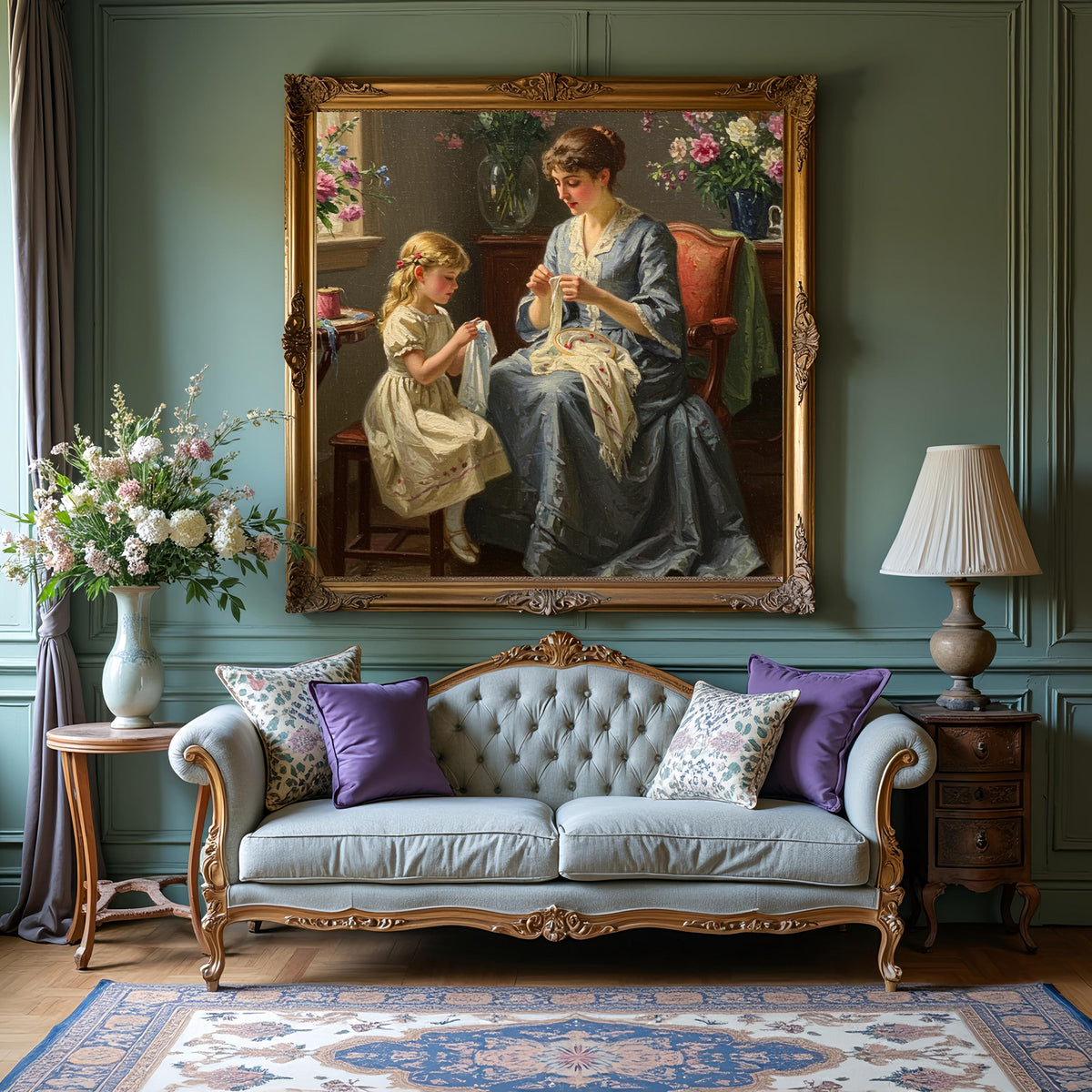 Vintage Mother & Daughter Sewing Art Print: Victorian Home Decor (Digital Download)