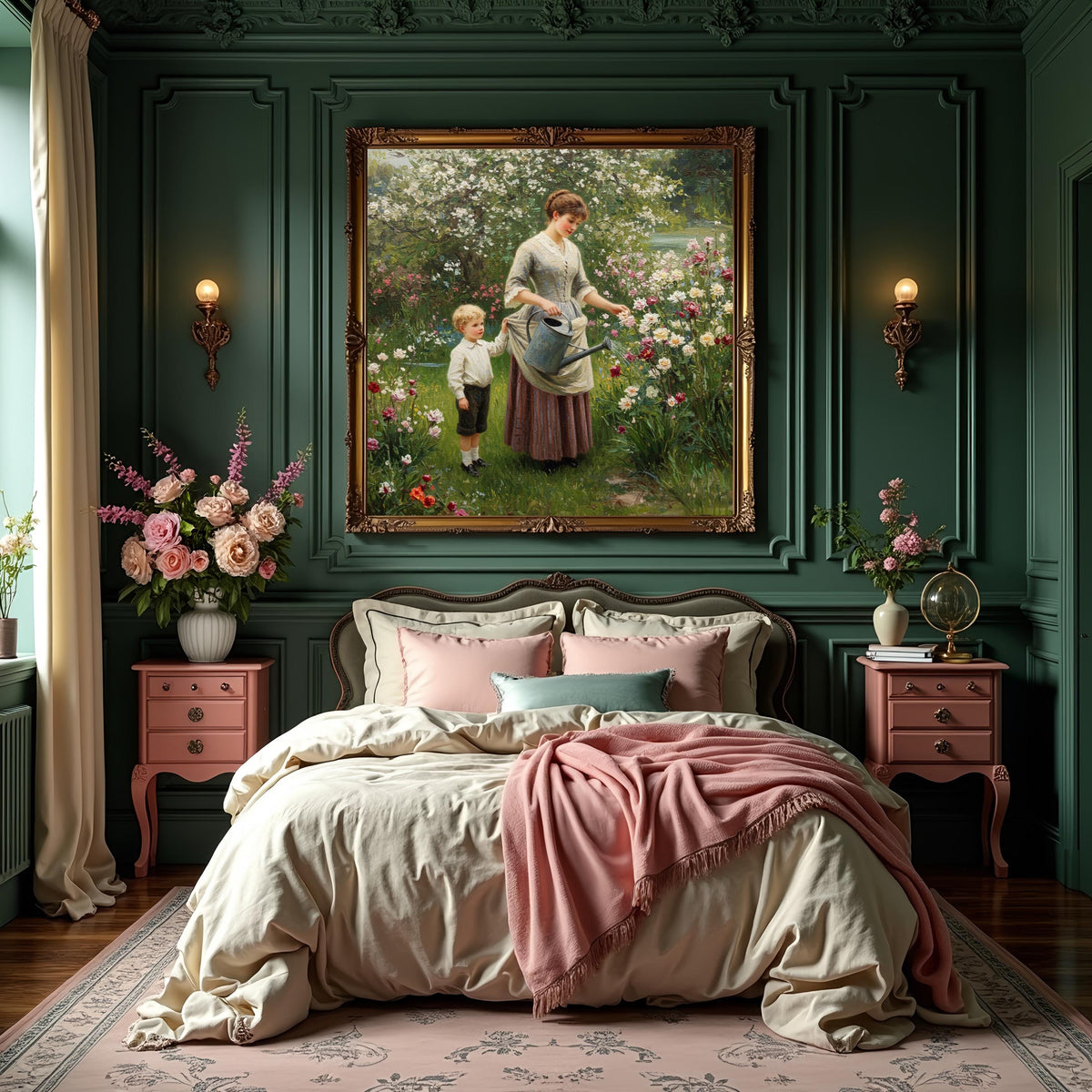 Victorian Mother and Son Gardening Art: Vintage Floral Print (Digital Download)