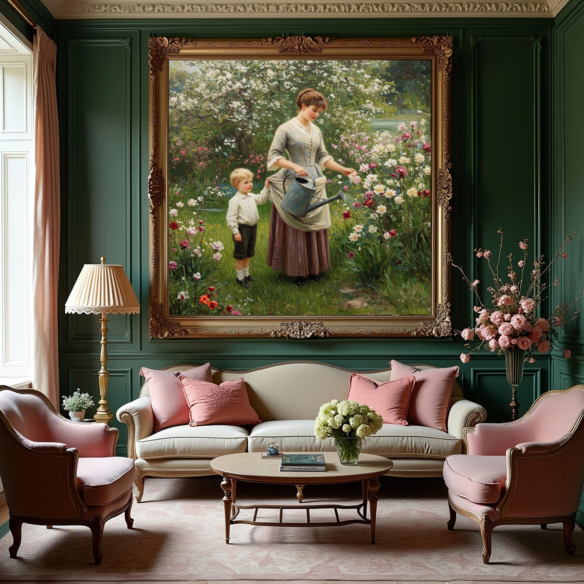 Victorian Mother and Son Gardening Art: Vintage Floral Print (Digital Download)