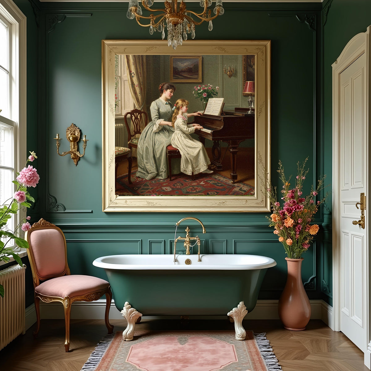 Vintage Mother & Daughter Piano Lesson Painting: Classical Music Decor (Digital Download)
