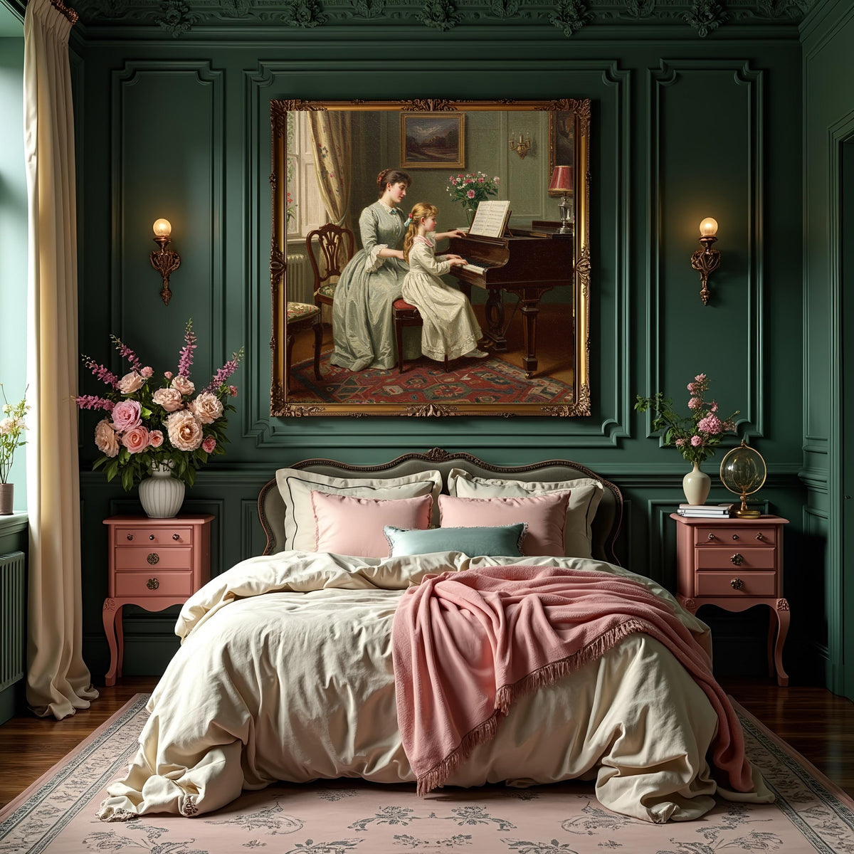 Vintage Mother & Daughter Piano Lesson Painting: Classical Music Decor (Digital Download)