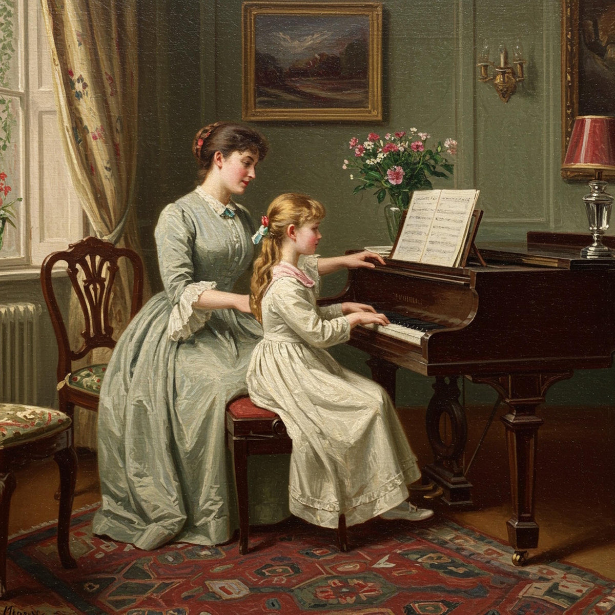 Vintage Mother & Daughter Piano Lesson Painting: Classical Music Decor (Digital Download)