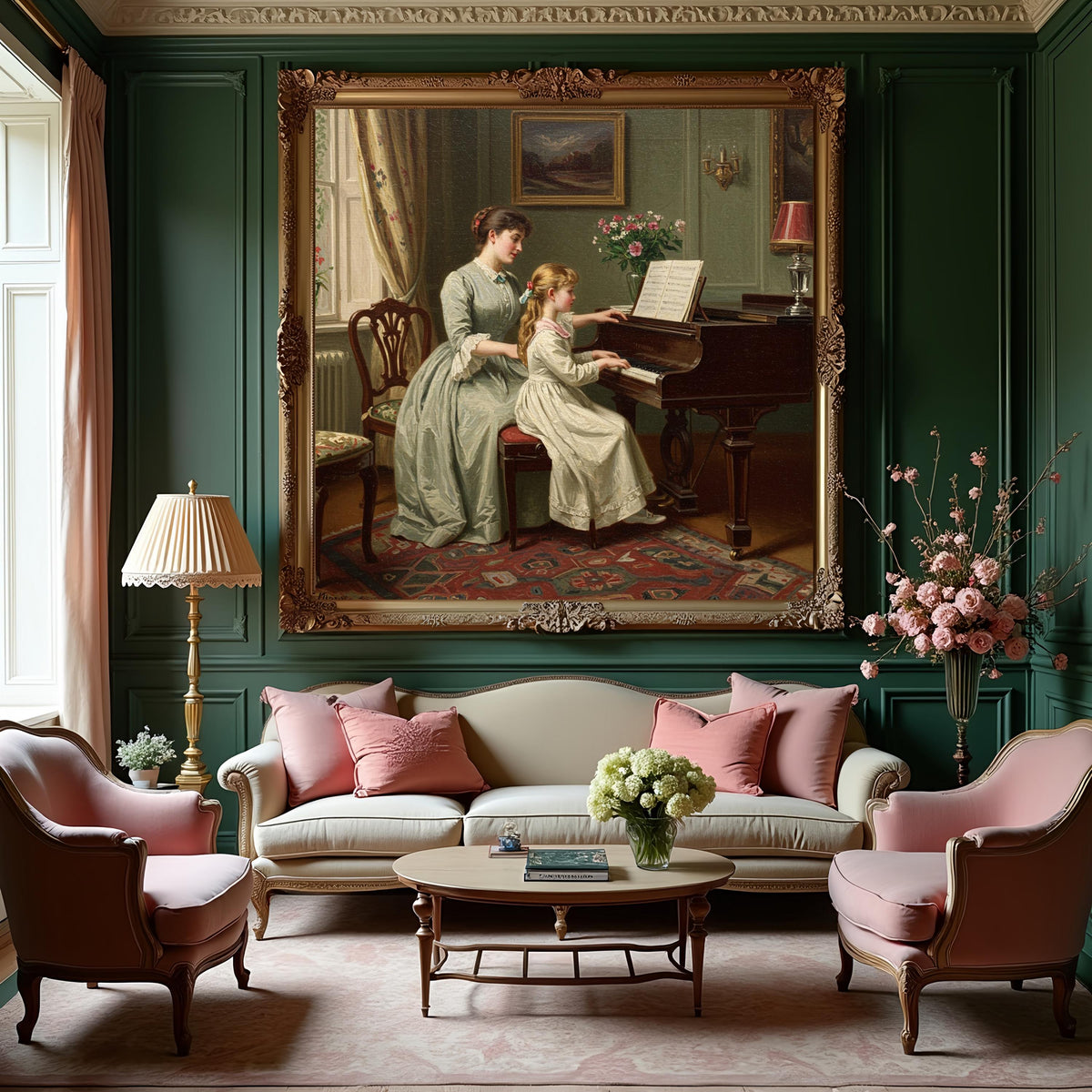 Vintage Mother & Daughter Piano Lesson Painting: Classical Music Decor (Digital Download)