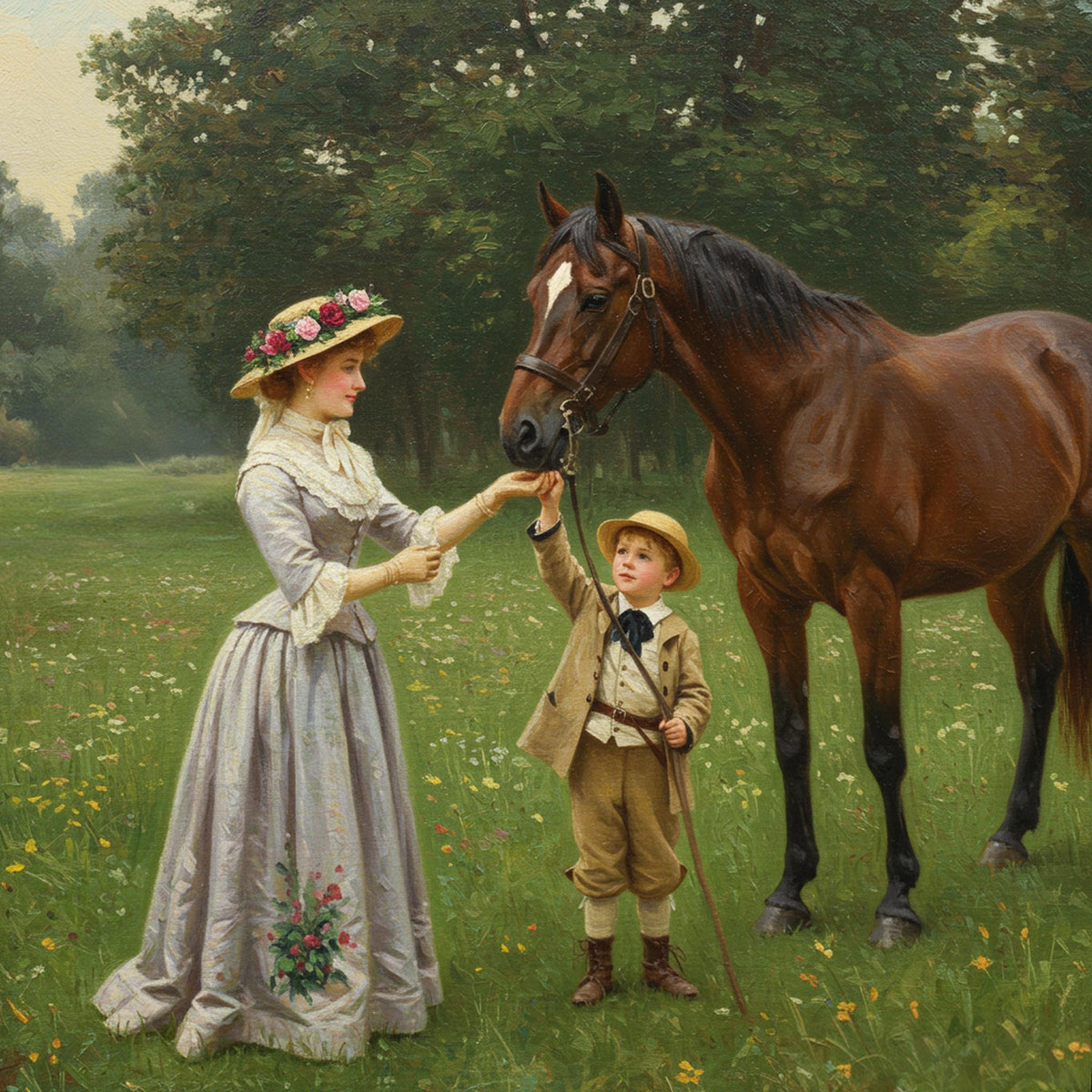 Victorian Horse Painting: Mother and Son, Countryside Scene (Digital Download)