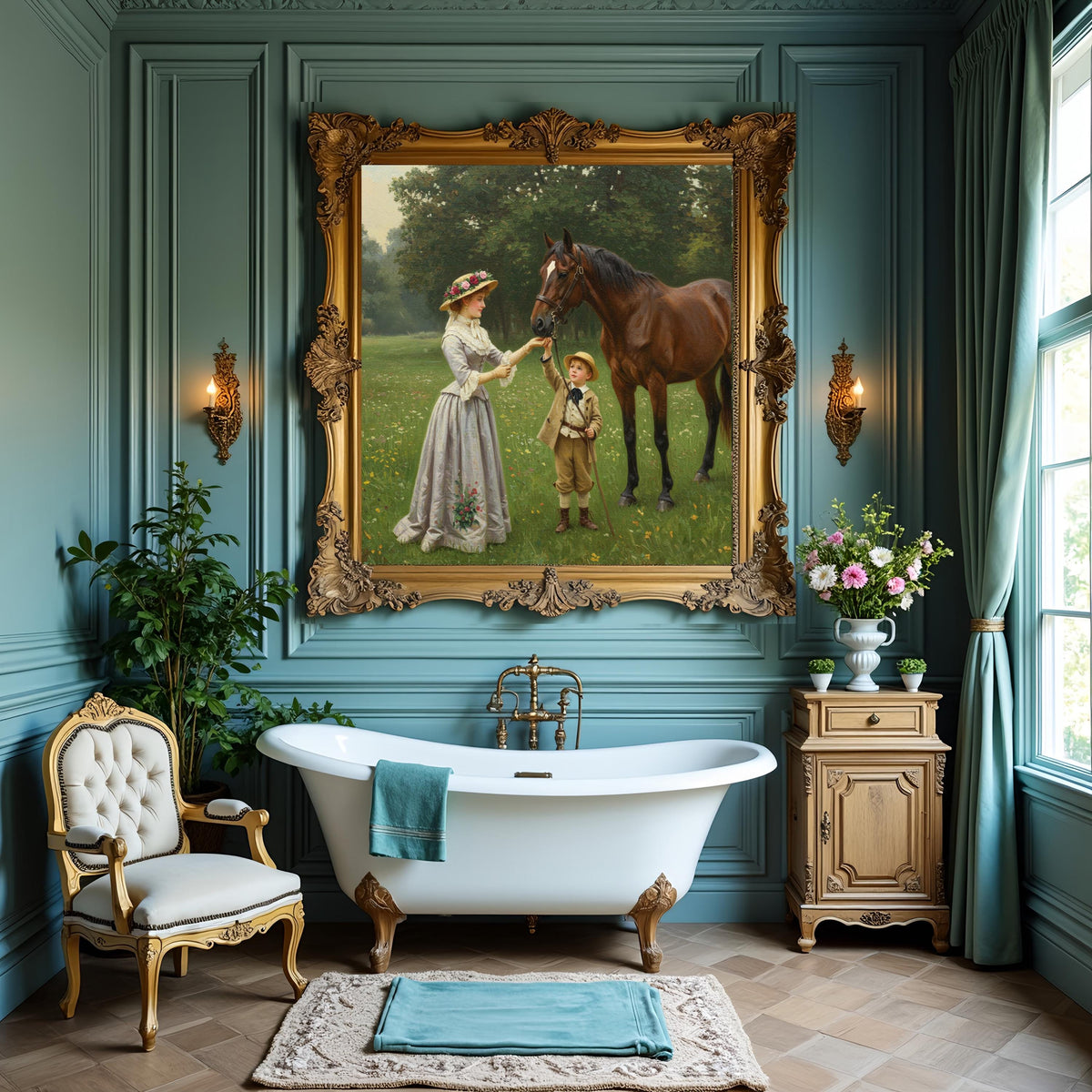 Victorian Horse Painting: Mother and Son, Countryside Scene (Digital Download)
