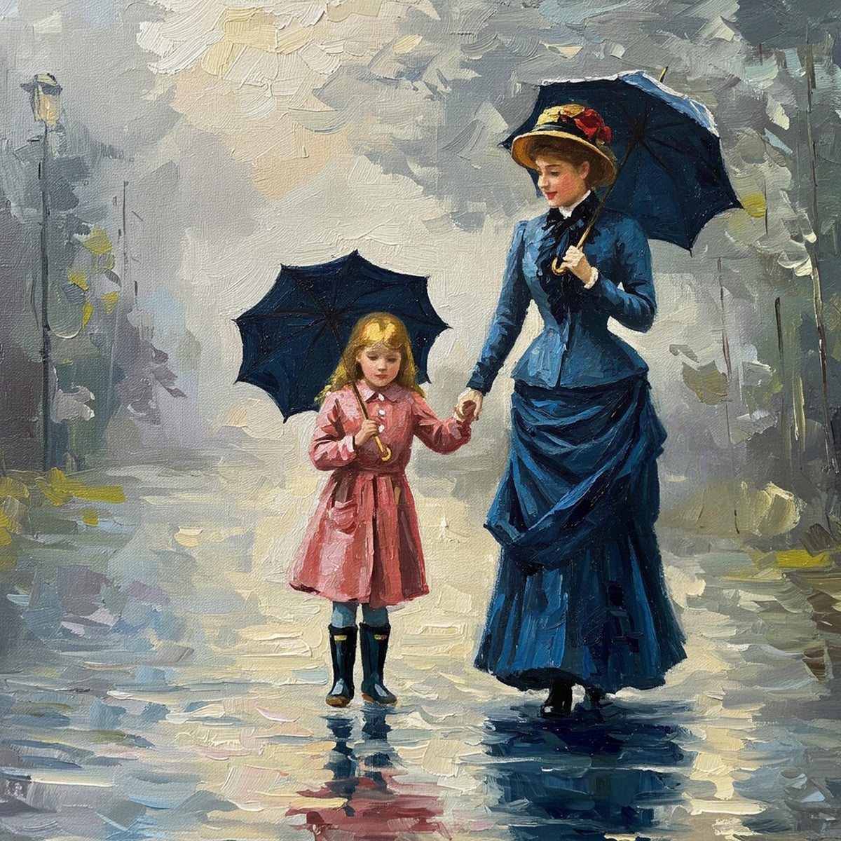 Victorian Mother and Daughter Rainy Day Painting (Digital Download)