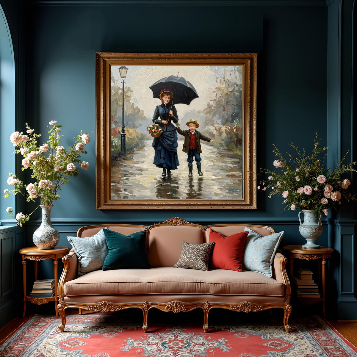 Vintage Mother and Son Rainy Day Print: Victorian Wall Art (Digital Download)