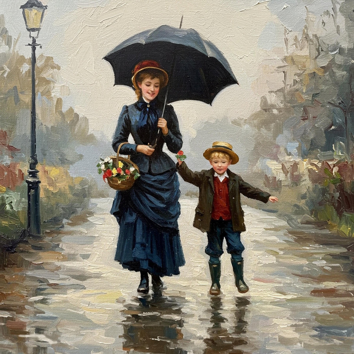 Vintage Mother and Son Rainy Day Print: Victorian Wall Art (Digital Download)