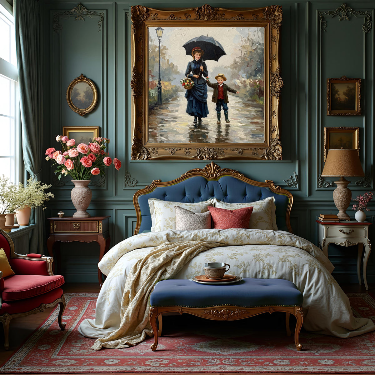 Vintage Mother and Son Rainy Day Print: Victorian Wall Art (Digital Download)