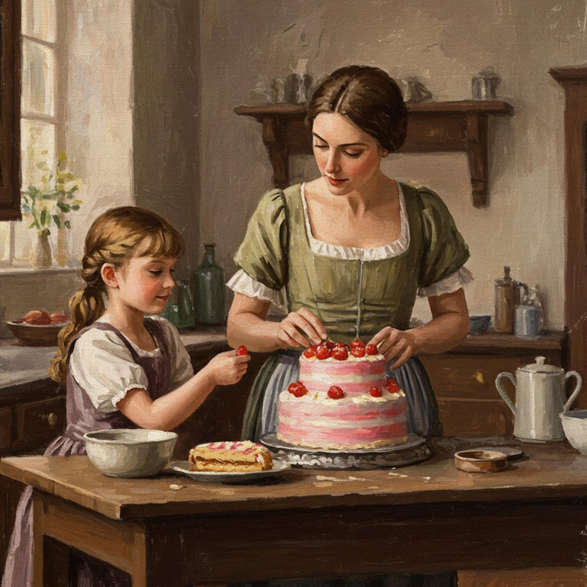 Victorian Mother & Daughter Baking Art Print: Vintage Kitchen Decor (Digital Download)