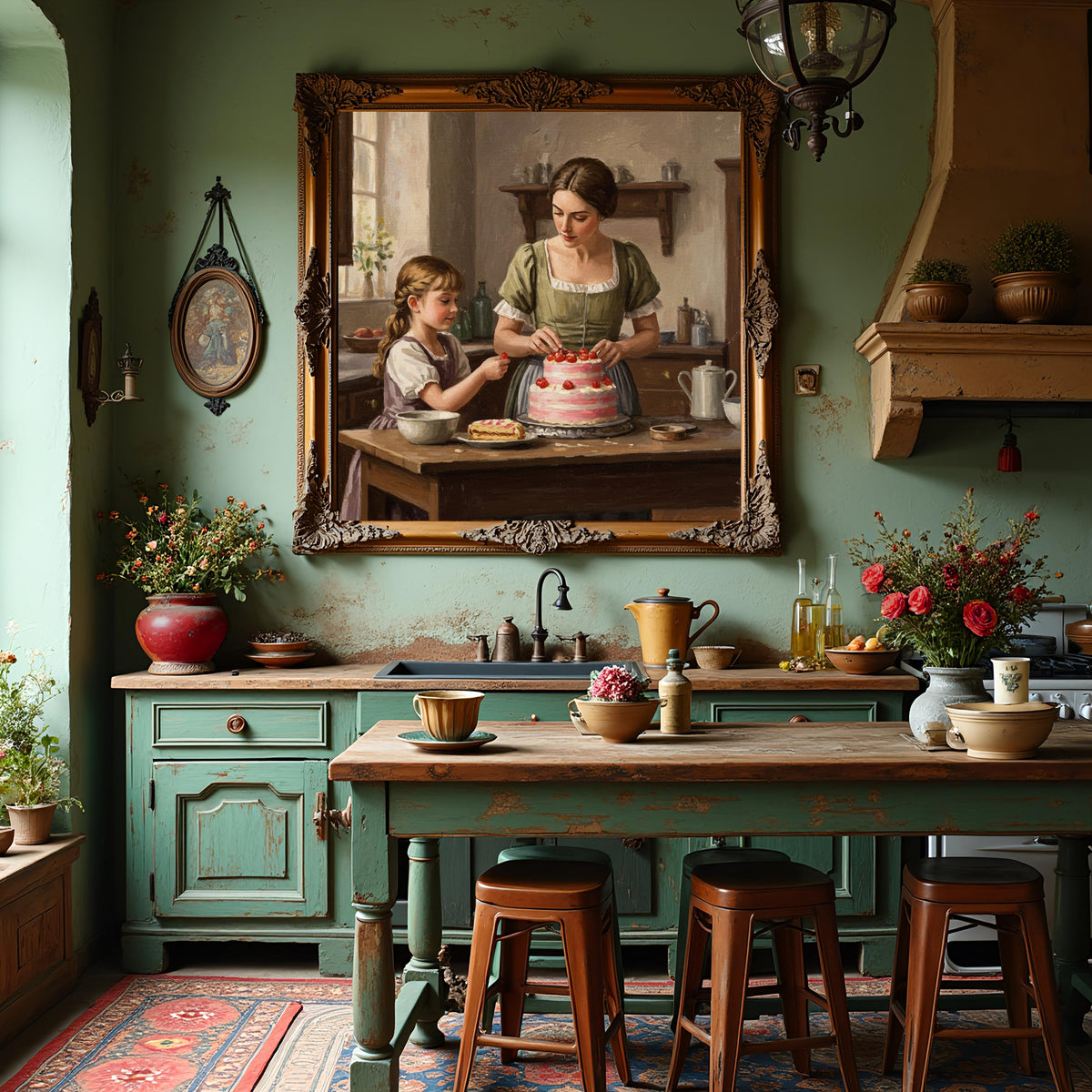 Victorian Mother & Daughter Baking Art Print: Vintage Kitchen Decor (Digital Download)
