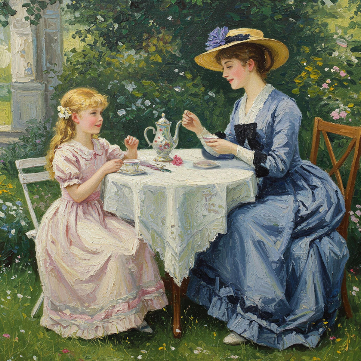 Victorian Tea Party Art Print: Mother & Daughter in Garden (Digital Download)