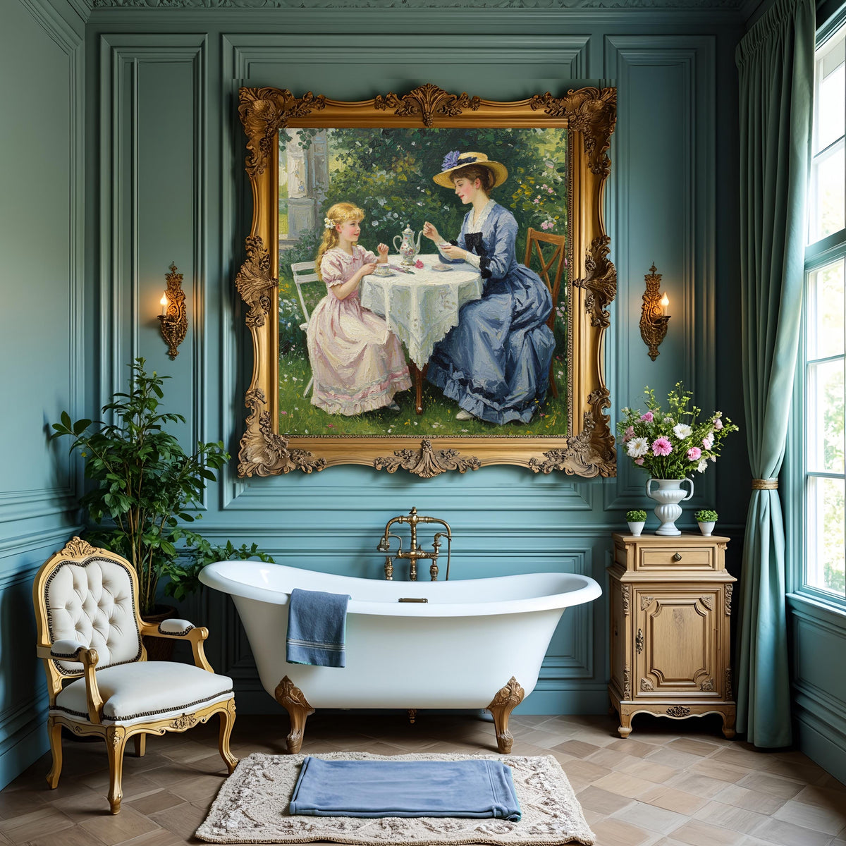 Victorian Tea Party Art Print: Mother & Daughter in Garden (Digital Download)