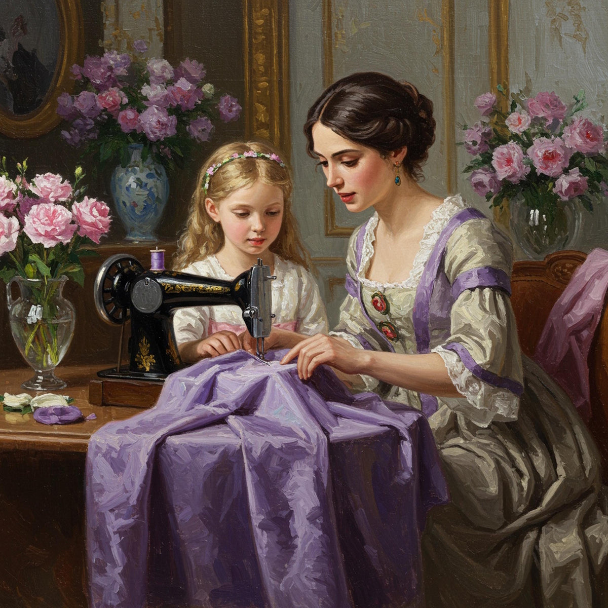 Victorian Sewing Lesson Art Print: Mother & Daughter, Lavender Fabric (Digital Download)
