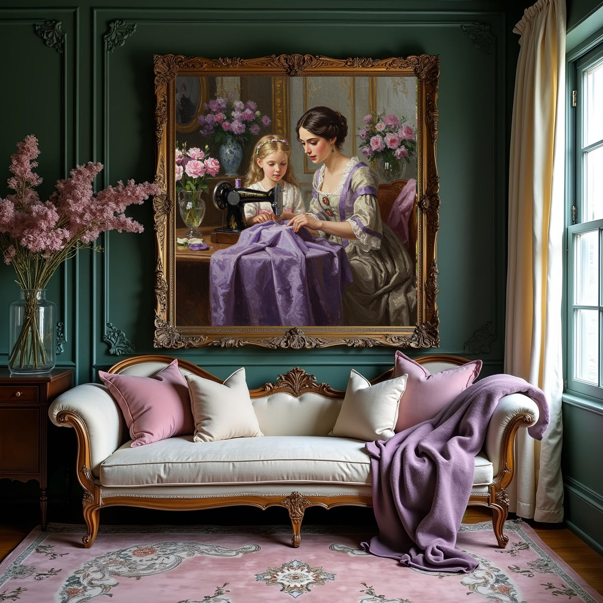 Victorian Sewing Lesson Art Print: Mother & Daughter, Lavender Fabric (Digital Download)