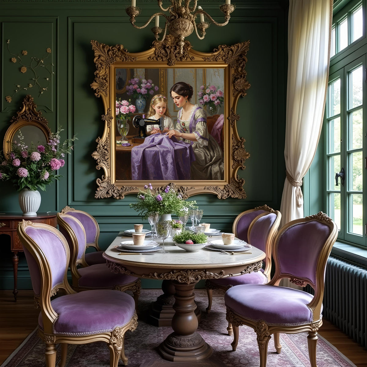Victorian Sewing Lesson Art Print: Mother & Daughter, Lavender Fabric (Digital Download)