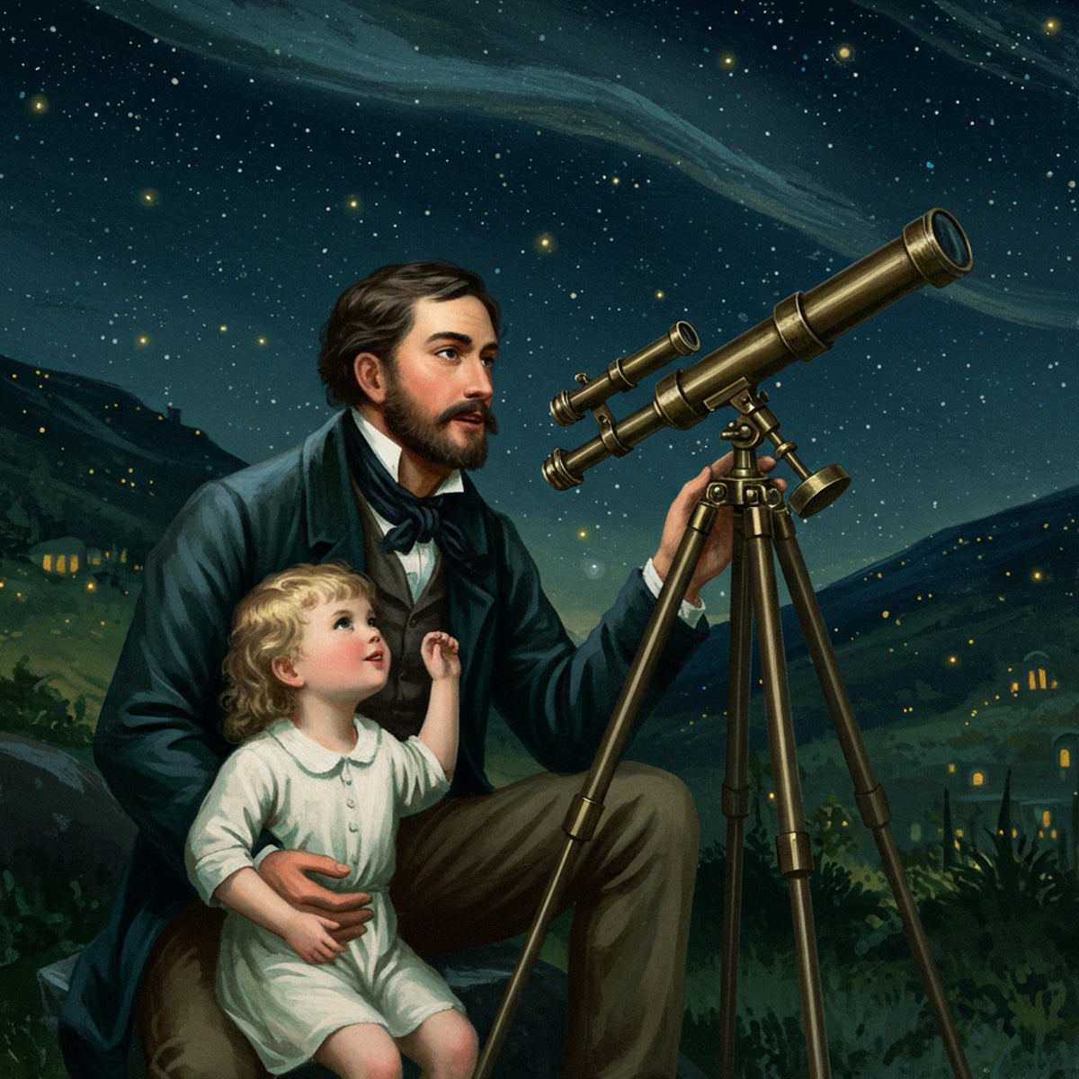 Father & Child Stargazing Oil Painting: Vintage Night Sky Art (Printable Digital Download)