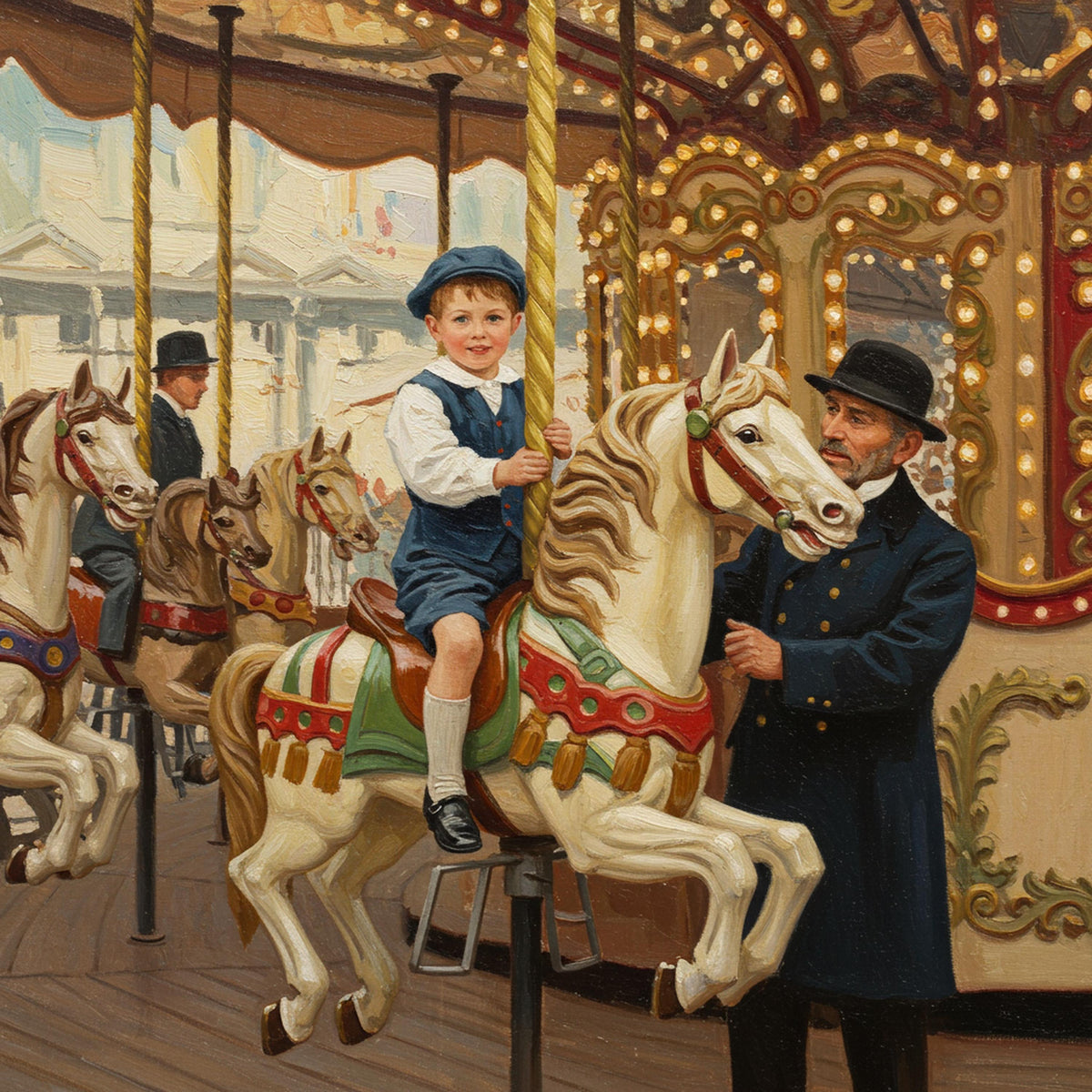 Carousel Ride Father & Son Art Print: Whimsical Vintage Style (Digital Download)