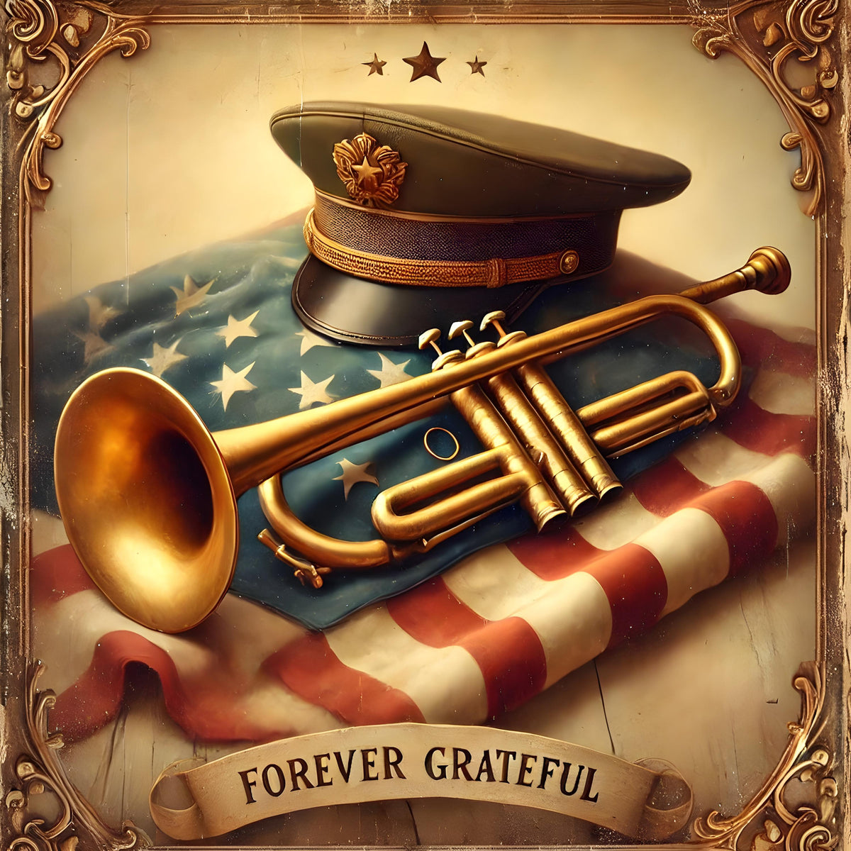 Vintage Memorial Day Sign: Trumpet, Flag, Military Hat (Digital Download, 30x30in Printable Wall Art)