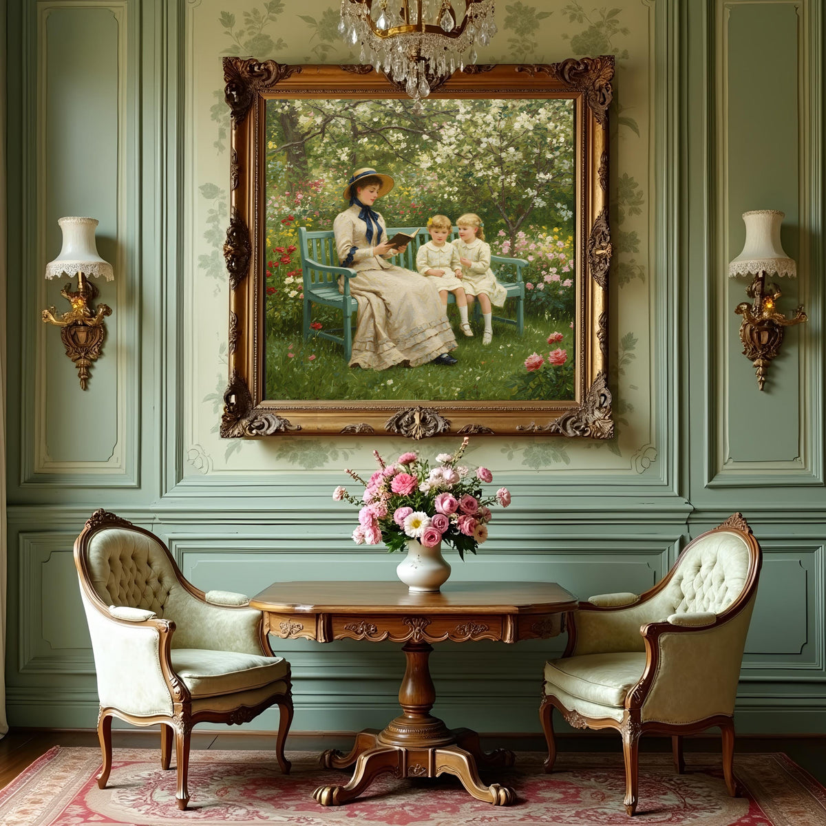 Victorian Mother and Daughters Painting: Impressionist Garden Scene (Digital Download)