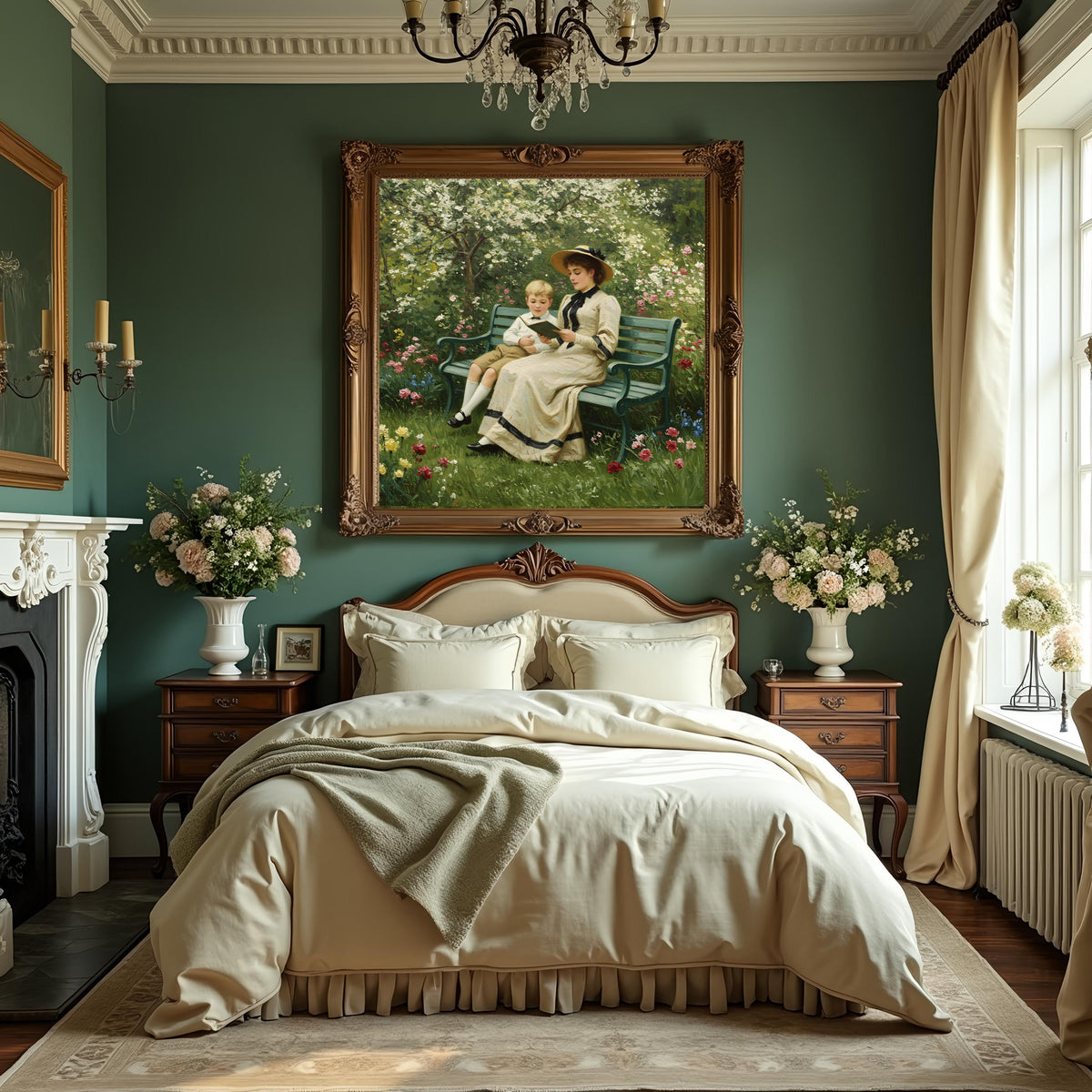 Victorian Mother and Son Reading Art Print: Antique Garden Scene (Digital Download)
