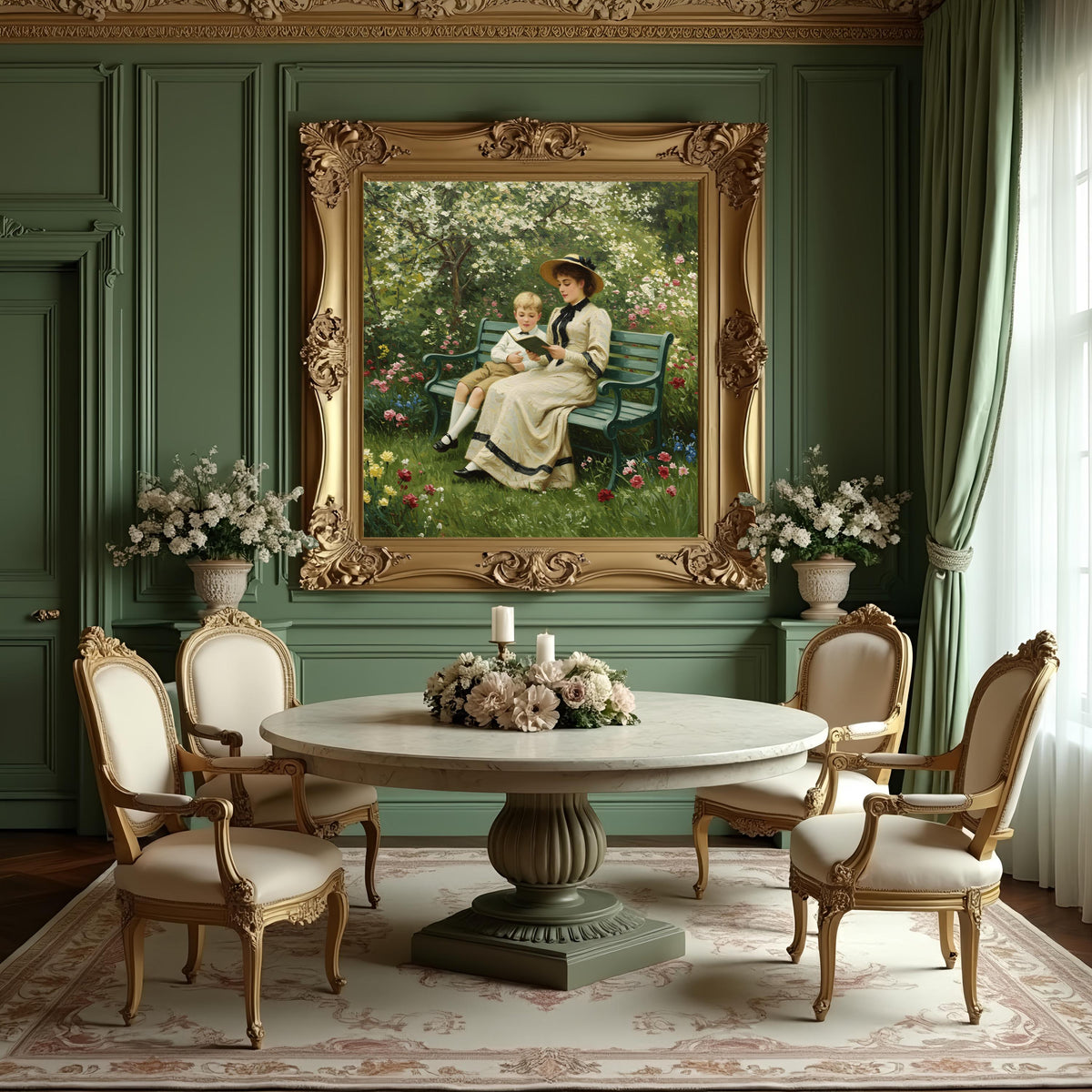Victorian Mother and Son Reading Art Print: Antique Garden Scene (Digital Download)