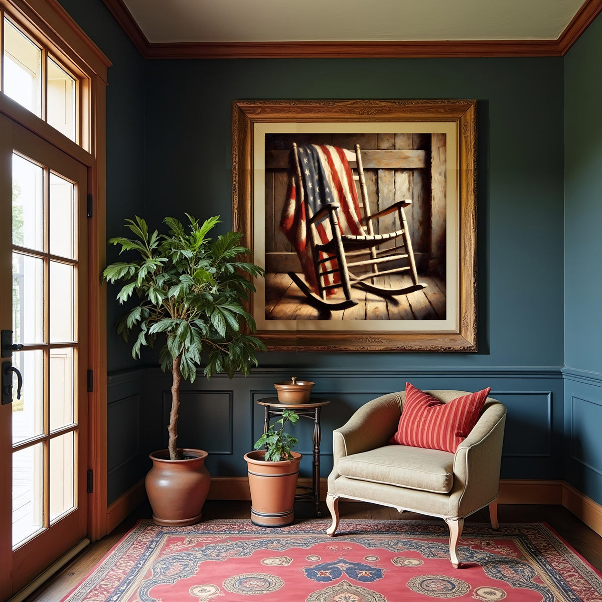 American Flag Rocking Chair Print: Rustic Americana Wall Art (Digital Download