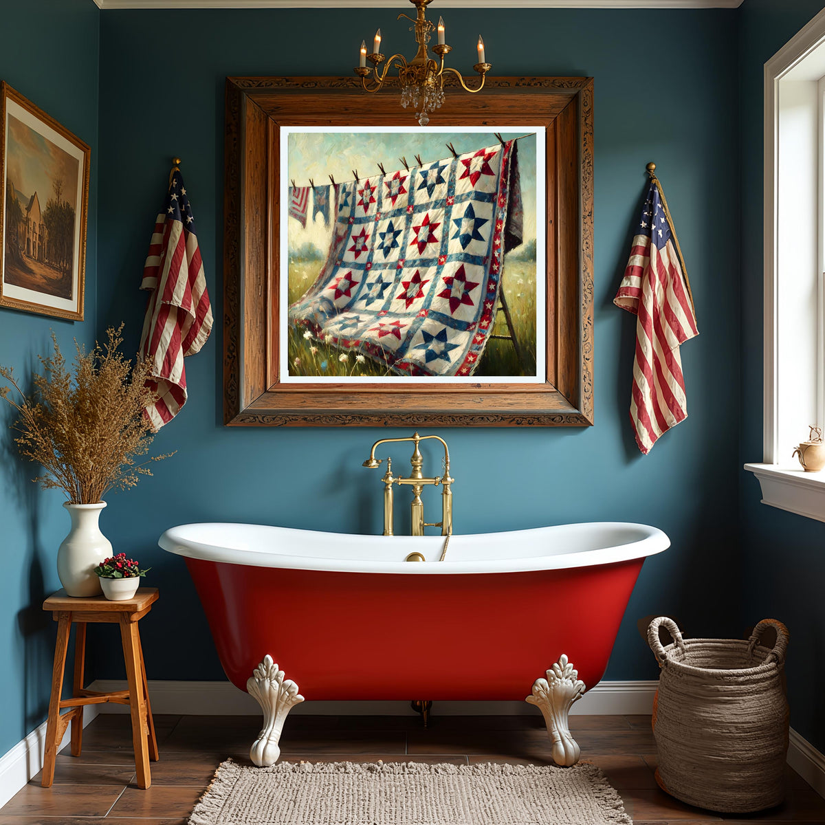 Patriotic Quilt on Clothesline: Americana Decor Print (Digital Download 4096x4096px)